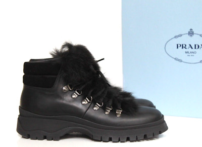 New sz 8 / 38.5 PRADA Black Leather Genuine Shearling Trim Hiking Boot Shoes