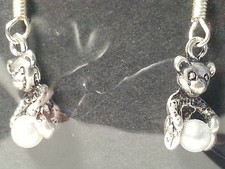 Silver Tone Sitting Teddy Bear Pearl Drop Style Hook Earrings - Fashion Jewelry