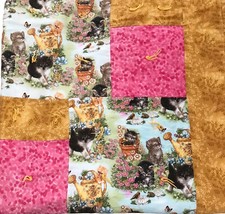 Kittens Flowers Quilt Blanket Gold Pink Baby Crib Toddler Patchwork white L4