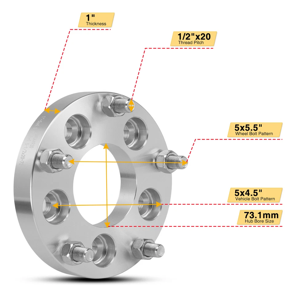 4Pcs 1" inch 5x4.5 to 5x5.5 Wheel Adapters 1/2"x20 For Jeep Wrangler Ford Ranger - Image 2 of 4