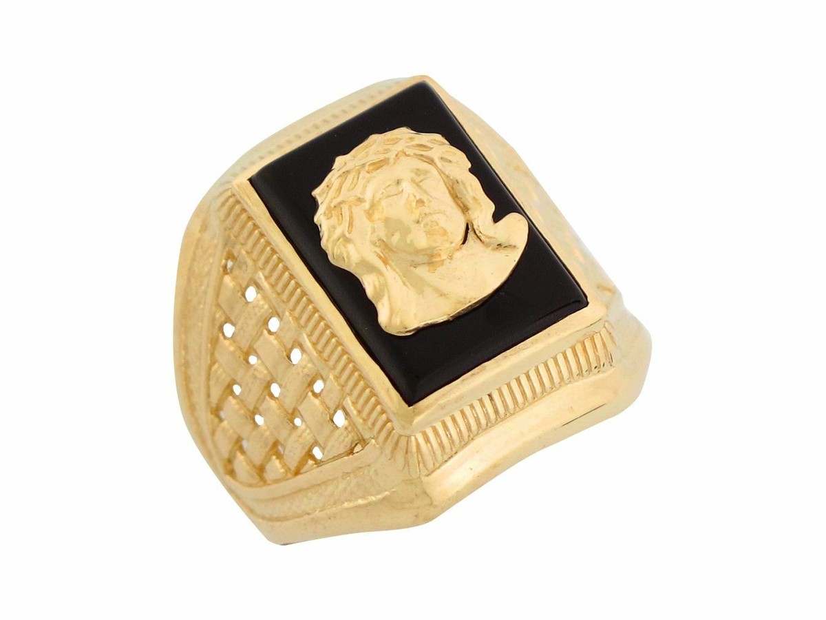 10k or 14k Yellow Gold Onyx Face of Jesus Religious Mens Ring - Main Image