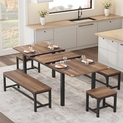 Rectangular Extendable Dining Table Set, 47''-63'' Table w Benches for Small Space