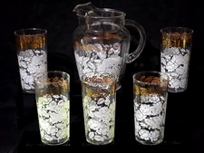 Bartlett Collins White Rose & Vine Pitcher and Tumblers Set 6 Vintage