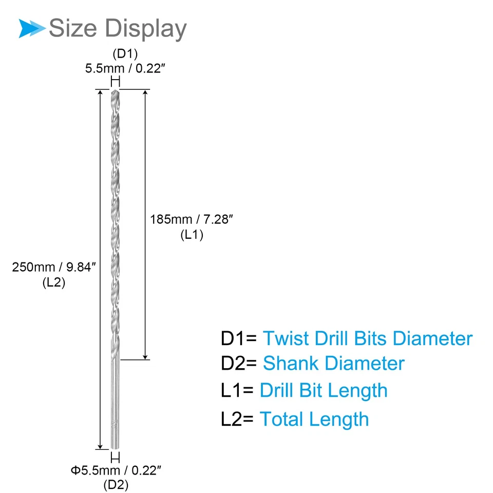 2pcs Extension High Speed Steel Straight Jobber Drill Bits 5.5mm Dia 250mm Long - Image 2 of 4