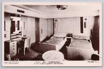 RPPC SS NORMANDIE 1. Klasse Luxus Schlafzimmer Art Deco French Line Hoffmann CGT