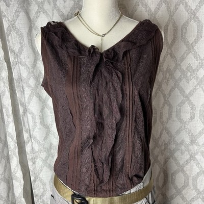 Y2K Clothing By Notations Brown Blouse, Sleeveless 100% Cotton Ruffles Large ￼￼