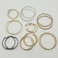 8 Pair Unique Large Hoop Earrings 6 Gold Tone 1 Silver Tone 1 Silver W/ Enamel