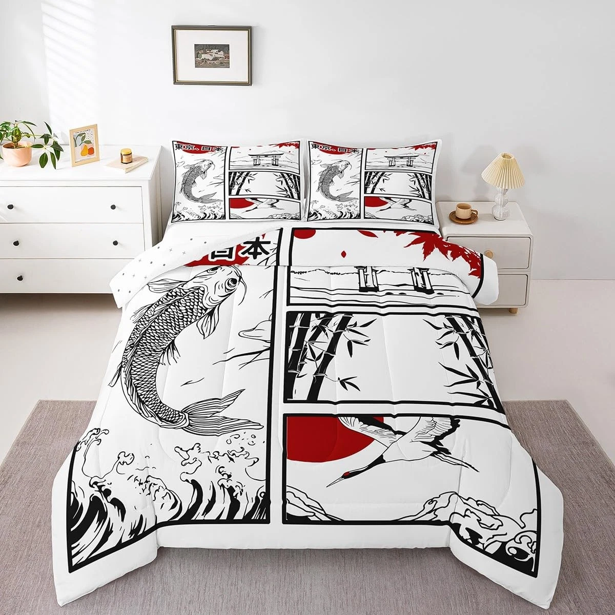 Koi Fish Twin Bedding Set with Japanese Wave and Crane Design