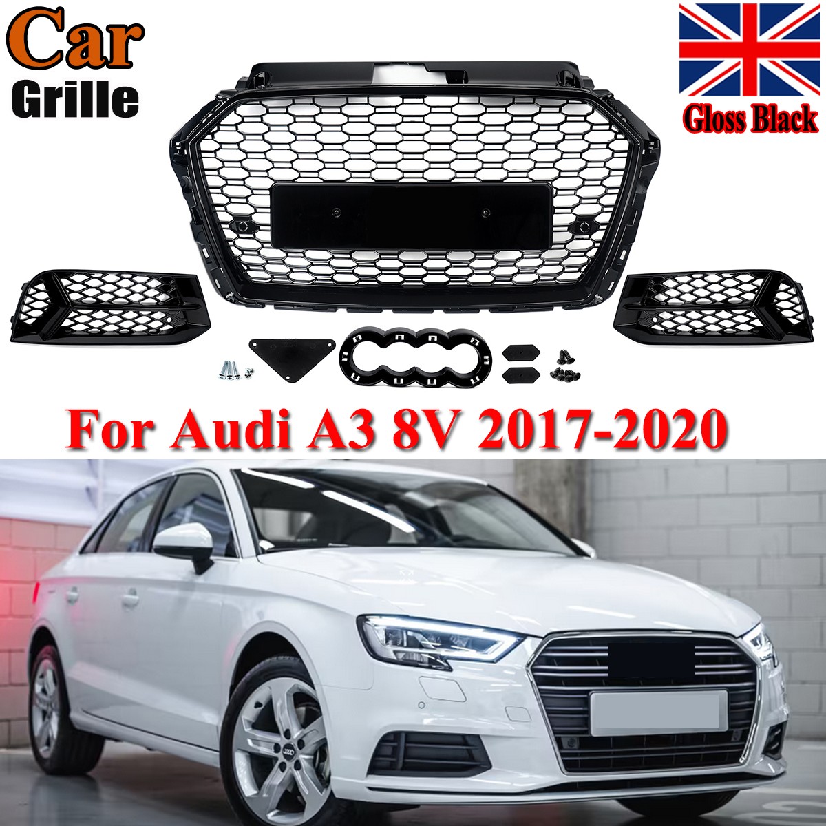 FOR AUDI A3 8V 2017-20 HONEYCOMB FRONT BUMPER GRILLE & LOWER SIDE FOGS RS3 STYLE