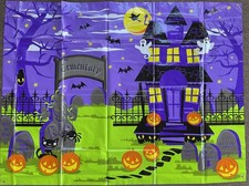 HALLOWEEN BANNER Spooky HAUNTED HOUSE Large Plastic 64" x 48" Cemetery Vintage