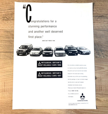MITSUBISHI UK ZUVERLÄSSIGSTE AUTOS - RAHMENFÄHIG SAMMLERSTÜCK OLDTIMER WERBUNG