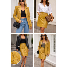 VTG Mustard 90s Faux Leather skirt blazer Set whipstitch minimalist Sz-16