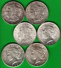 3 MORGAN & 3 PEACE "BETTER GRADE/DATE" .U.S. 9000 SILVER $1.00/DOLLARS, XF/AU.: