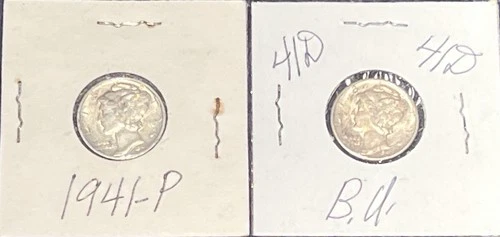 Lot of (2) BU 1941 & 1941 D Mercury Dimes 90% Silver FSB Coins - One Lot