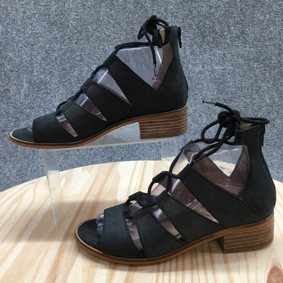 Lucky Brand Sandals Womens 7 M Tazu Casual Back Zip Ankle Strappy Black Leather - Image 2 of 4