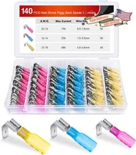140PCS 3 Way 22-10AWG Wire Connectors Heat Shrink Piggyback Spade Terminals