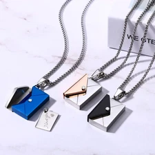 Men Women Stainless Steel "I love You" Letter Envelope Pendant Necklace Gift Box
