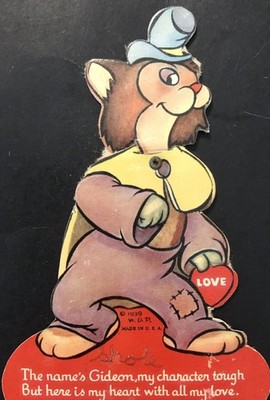 Vintage Die Cut Valentine Greetings Gideon Anthro. Cat  Heart W/all My Love 