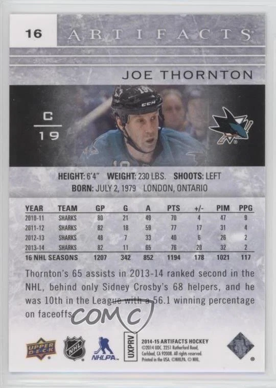 2014-15 Upper Deck Artifacts Ruby /599 Joe Thornton #16 HOF - Image 2 of 2