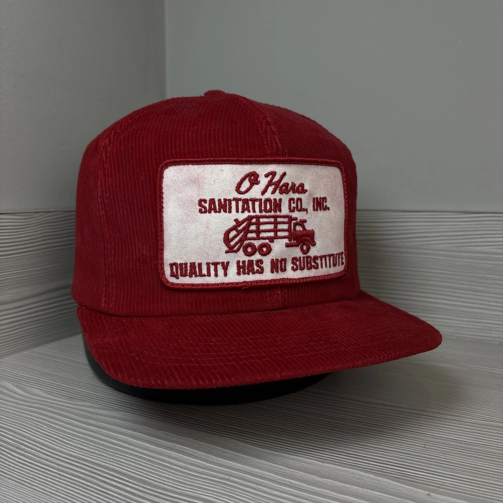 Vintage 80's O'Hara Sanitation Hat Corduroy Workwear Cap Red Snapback Adjustable