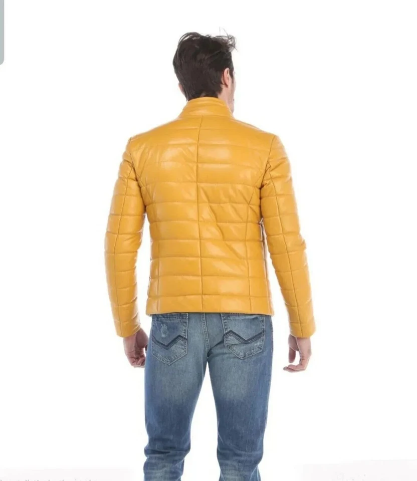 Men's Lambskin Leather Jackets Yellow Puffer & Black Motorcycle Handmade - Image 3 of 4