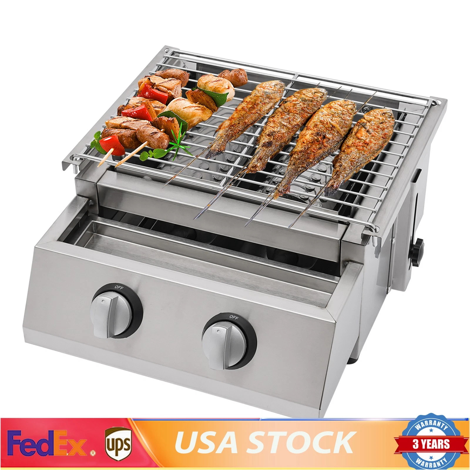 Portable 2 Burner Gas BBQ Grill Tabletop Camping Smokeless Grill Stainless Steel