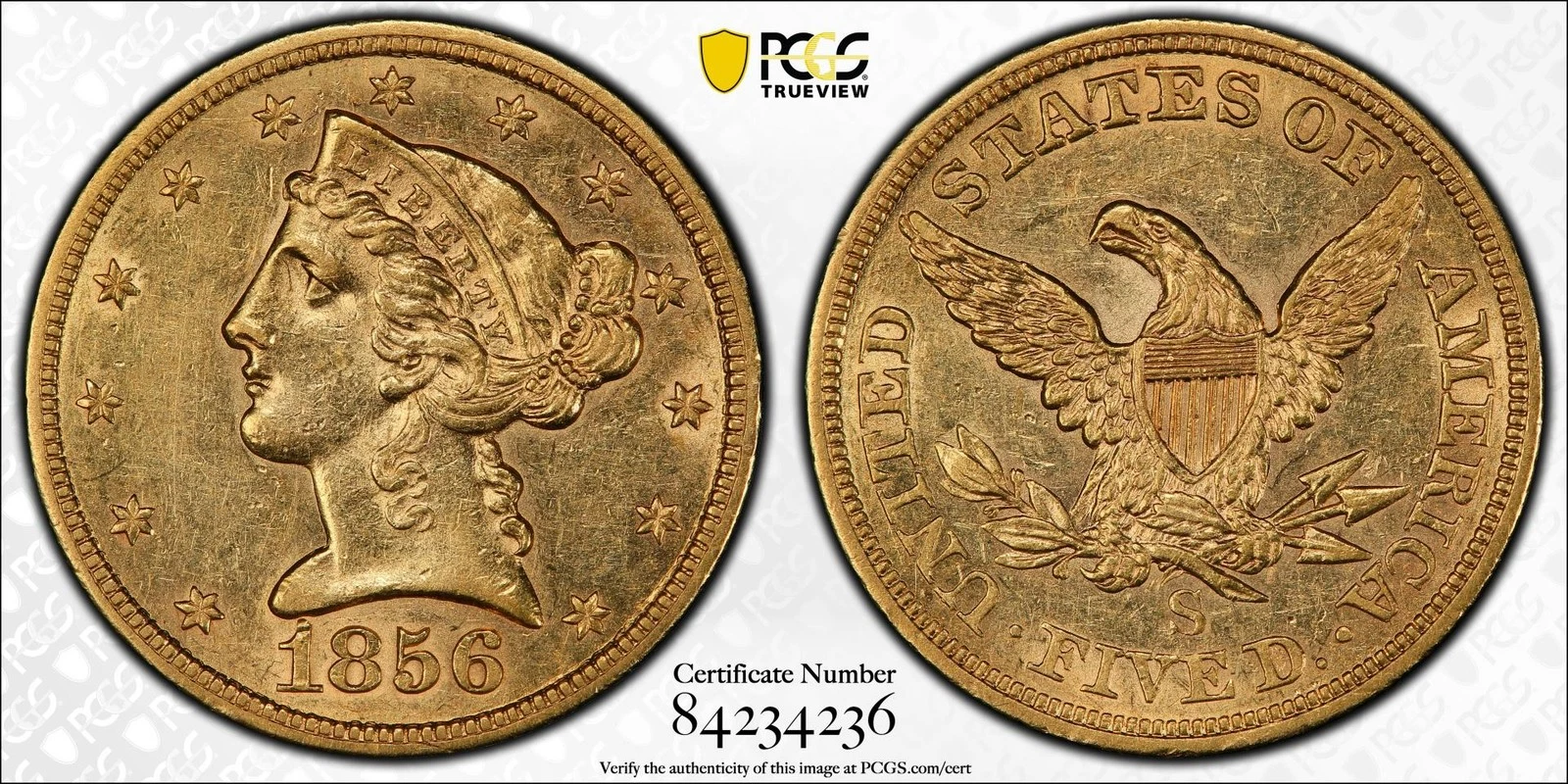 1856-S $5 Liberty Head Half Eagle PCGS AU58