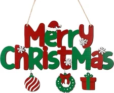 Christmas Door Sign Decor Merry Wooden Hanging Red and green 