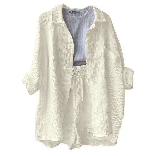 Sommer Damen Musselin Bluse Shirt und Shorts Kleidung Set Strand Outfit Zweiteiler - Bild 44 von 45