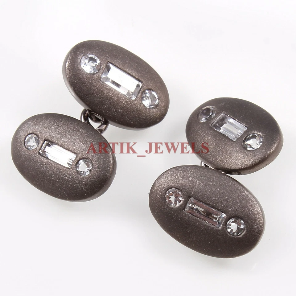 Gemelos de plata de ley 925 rodio negro piedras preciosas de topacio blanco natural #2657 Foto 2 de 4