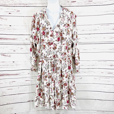 Ann Taylor Loft Dress Women s 26 White Floral Long Sleeve Flounce Tie Waist