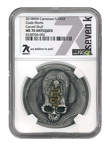 2018 Cameroon 1 oz Silver Carved Skull Clade Mortis Bones NGC MS70