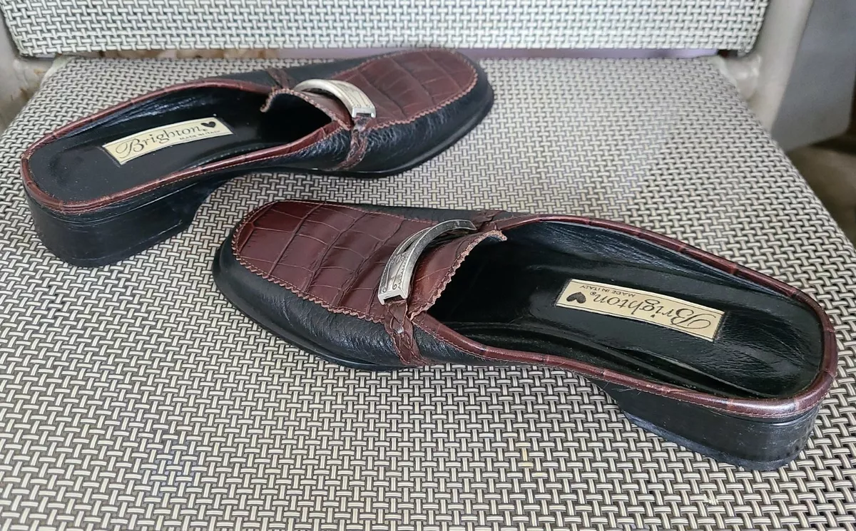 Brighton Jodi women s black w brown leather closed toe slide mule shoes sz 6.5M