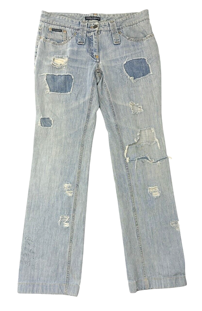 パンツ DOLCE&GABBANA distressed denim pants DOLCE & GABBANA Denim Straight Leg Distressed Jeans 46 Light Blue