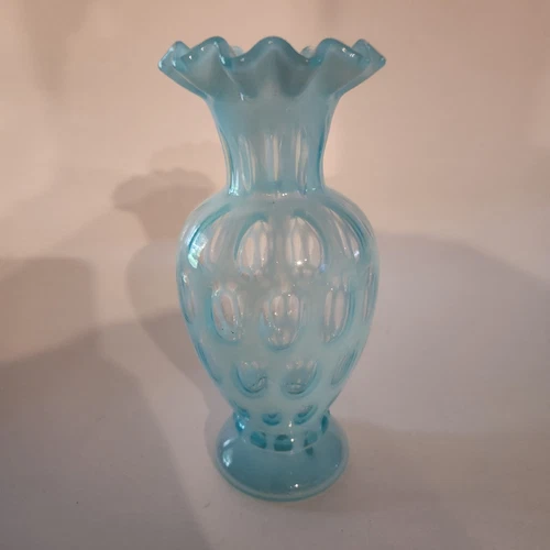 VTG Fenton Baby Blue Coin Dot 6 1/2" Vase Opalescent Ruffle Rim Art Glass