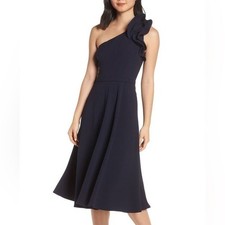 Eliza J Navy Blue One Shoulder Ruffle Midi Dress Size 6 Fit & Flare Cocktail