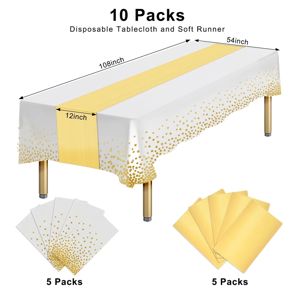 10 Packs Plastic Table Cloth Disposable and Satin Table Runner, White Disposa... - Image 2 of 4