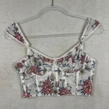 Floral Mesh Corset Top White Pink Bustier Sweetheart Neckline Boning Size M