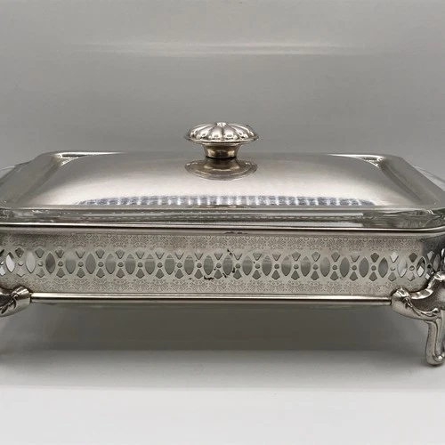 Vtg Mid-Century Silver Plate Lidded Fire King 1qt Casserole with Stand
