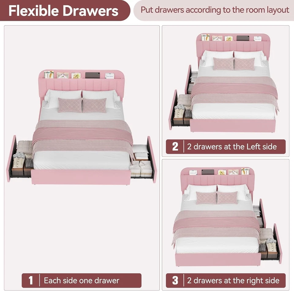 Cama plataforma tapizada con marco de cama rosa tamaño completo con cabecero y 2 cajones Foto 4 de 4