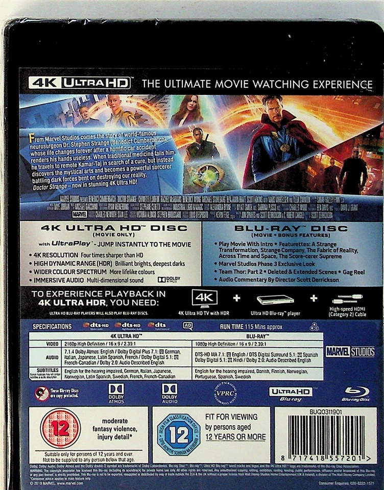Doctor Strange -4K & Standard Blu Ray -NEW -Benedict Cumberbath (Marvel)  - Image 2 of 2