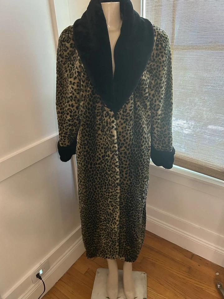 Maxi Abrigo De Colección OLYMPIA Limited Inc PIEL SINTÉTICA SWING LEOPARDO Negro Cuello y Puños XL