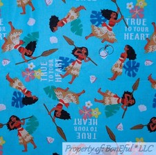 BonEful FABRIC FQ Cotton Quilt Aqua Blue MOANA Disney Water Sea Shell Girl Movie