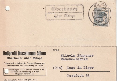 Heimatbeleg Ennepetal - Milspe - Oberbauer, Kaltprofil Braslmann Söhne
