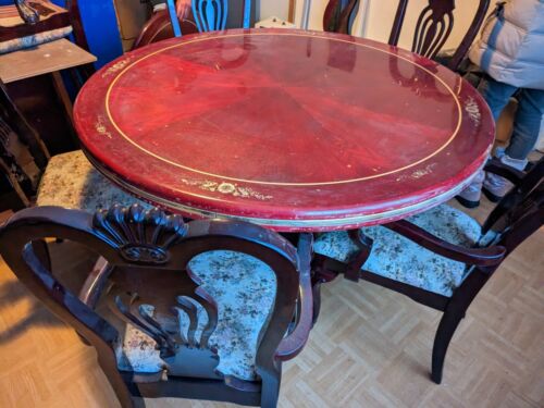 Chinese dining table with turntable painted 7 chairs and lots of accessories-