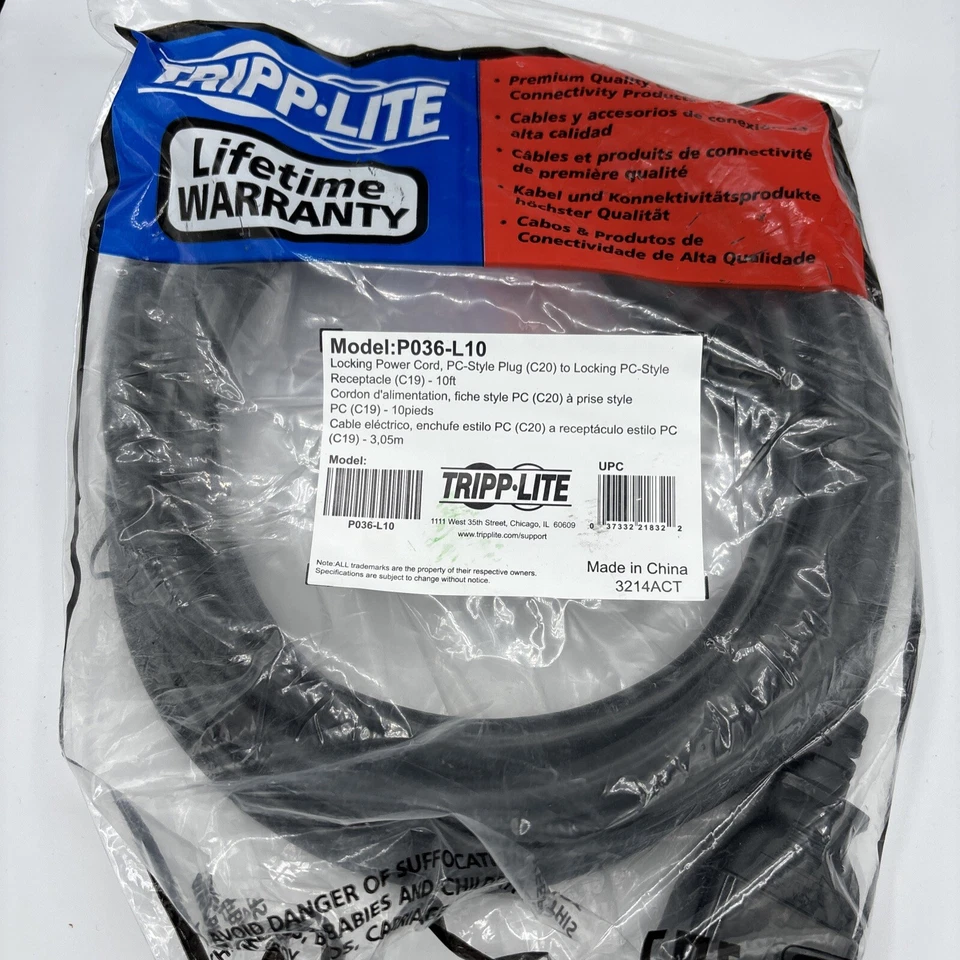 Tripp Lite Power Extension Cord C20 to Locking C19 M/F 12AWG 20A Black 10ft (P03 - Image 3 of 3