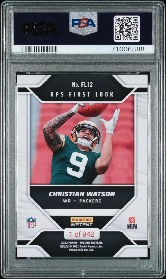 2022 PANINI INSTANT CHRISTIAN WATSON ROOKIE RPS FIRST LOOK #FL12 RC PSA 10 POP 4 - Image 2 of 4
