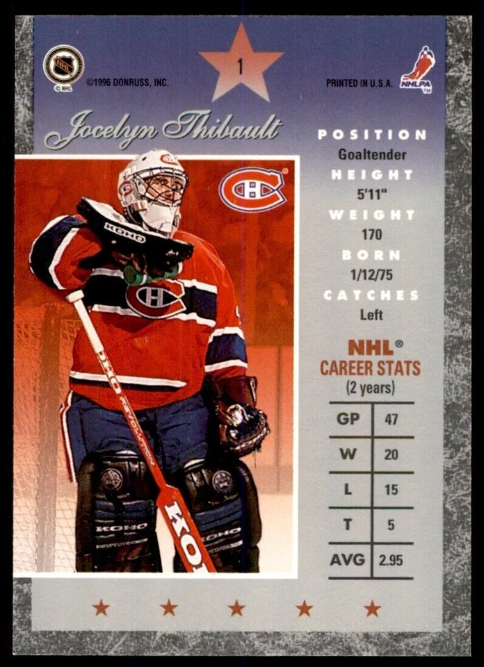 1996-97 Donruss Elite Jocelyn Thibault . Montreal Canadiens #1 - Image 2 of 2