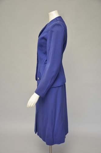 Vintage 1940s Cobalt Blue Skirt Blazer Suit Set Wool Gab Pockets Rhinestones S - Picture 4 of 9