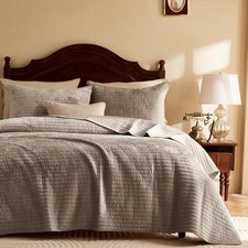 Velvet King Size Quilt Set - Brown Taupe Tan Camel Striped Pick Stitch Soft